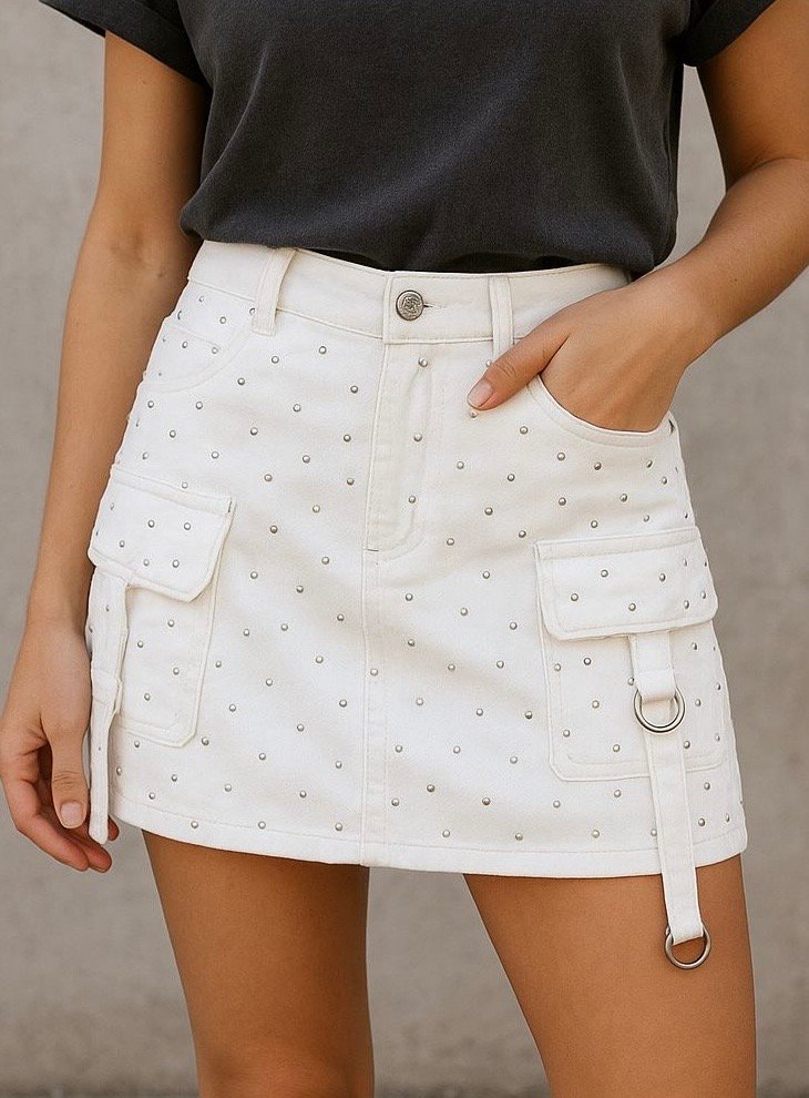 POLLERA CARGO CON BRILLOS BLANCO