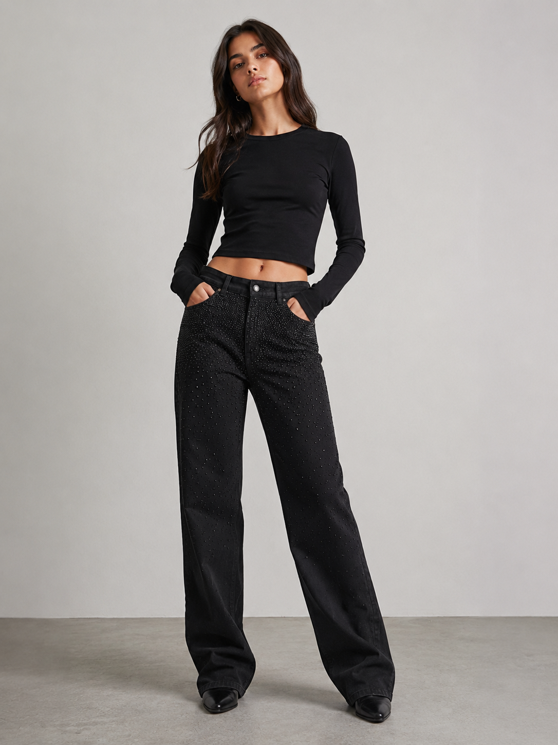 E15B50DA-9CD7-4A54-9571-B13E6DD98F8E WIDE LEG NEGRO ELASTIZADO CON BRILLOS NEGROS